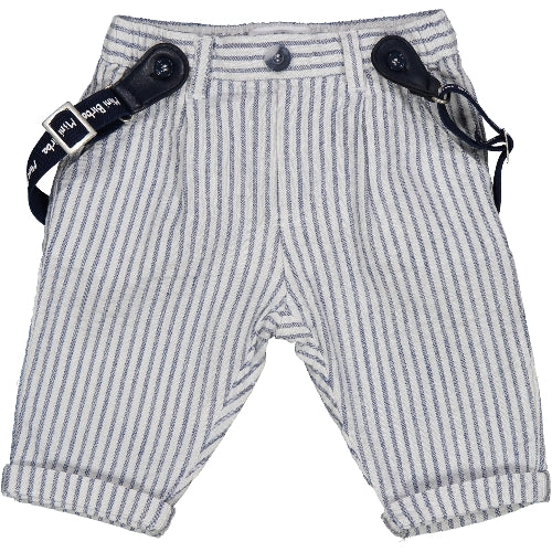 Pantalone lungo morbido a righe bianco e blu con bretelle