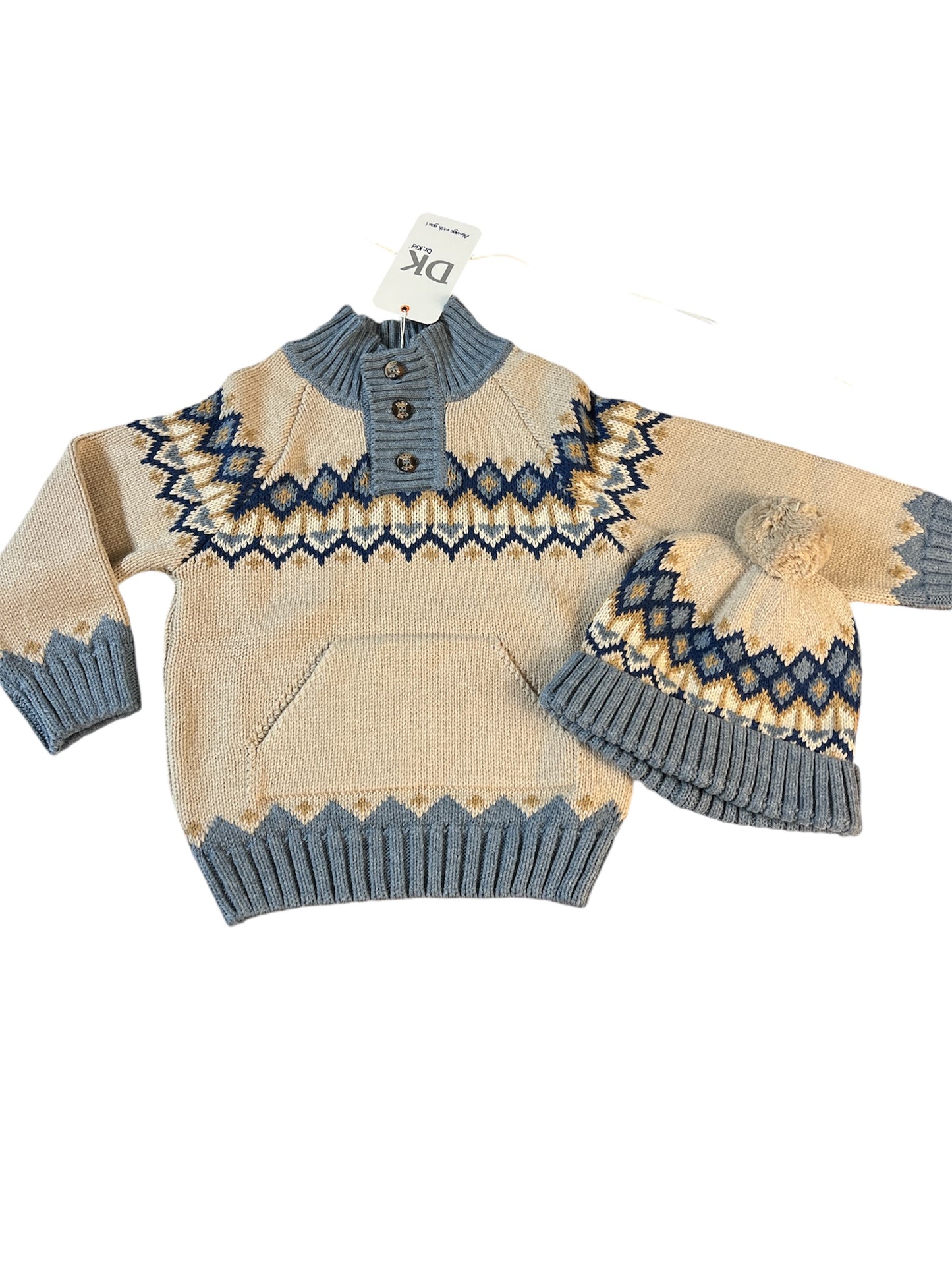 Maglioncino celeste/sabbia collo alto con cappello