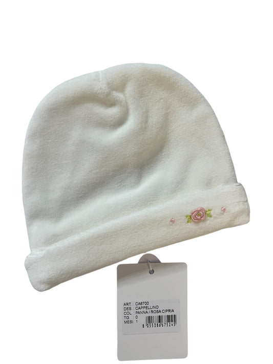 Cappello ciniglia bianca con fiori ricamati a mano