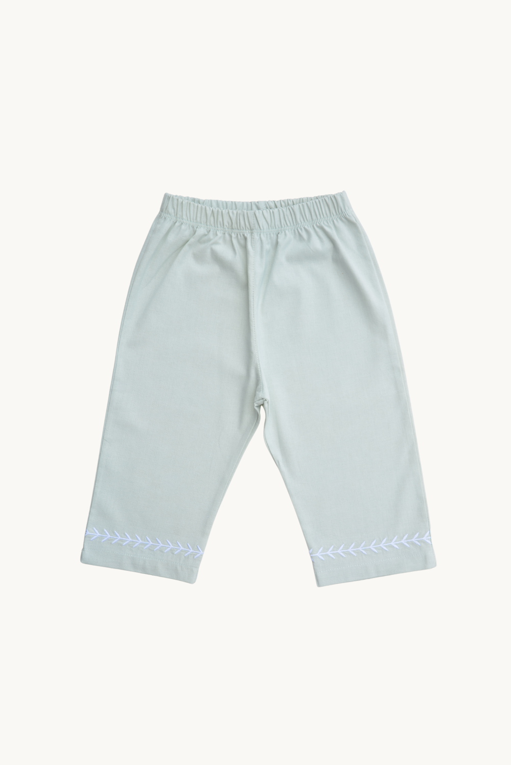 Pantaloni estivi con ricamo a foglie per neonati/bambini 100% cotone verde menta