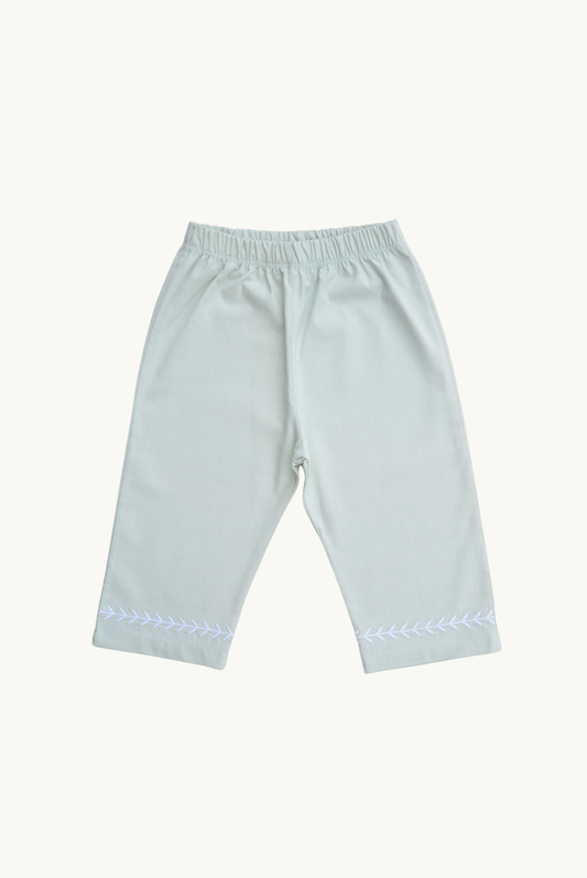 Pantaloni estivi con ricamo a foglie per neonati/bambini 100% cotone verde menta