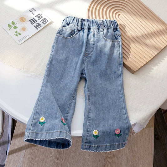 Jeans svasati ricamati con fiori per bambine 9M-6Y