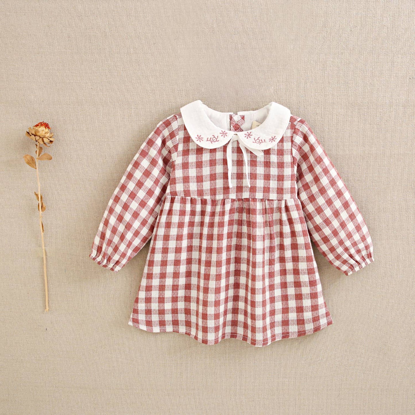 Vestito rosa per bebè a quadretti Vichy con colletto ricamato
