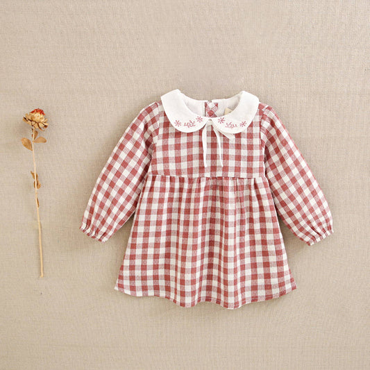 Vestito rosa per bebè a quadretti Vichy con colletto ricamato